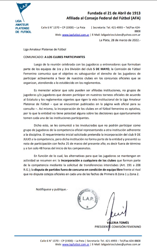 <strong> COMUNICADO: A LOS CLUBES PARTICIPANTES</strong>