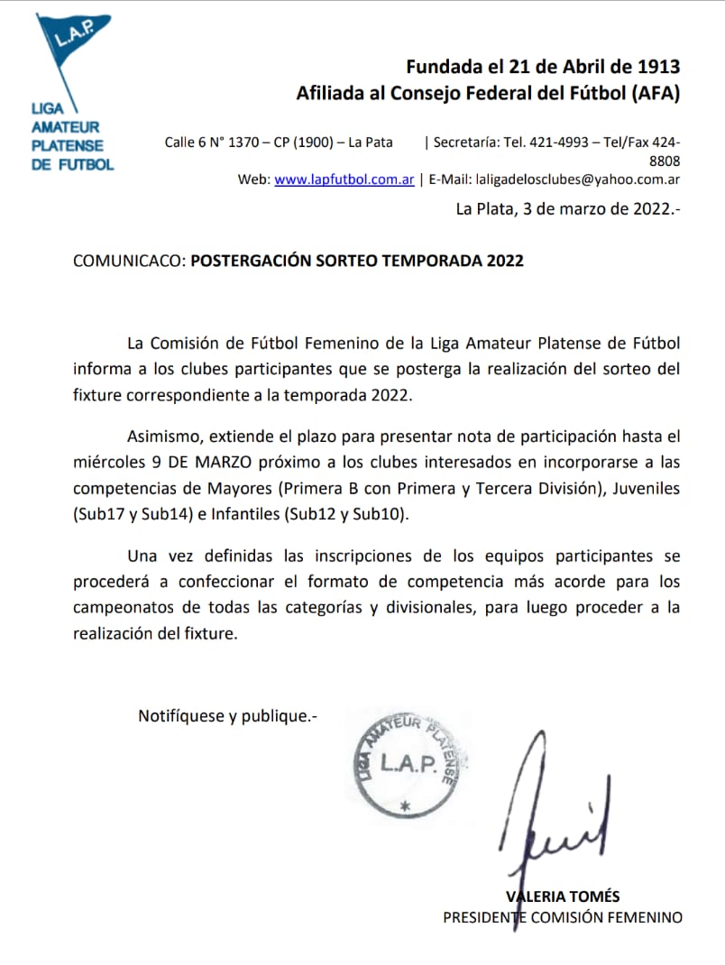 POSTERGACIÓN SORTEO TEMPORADA 2022