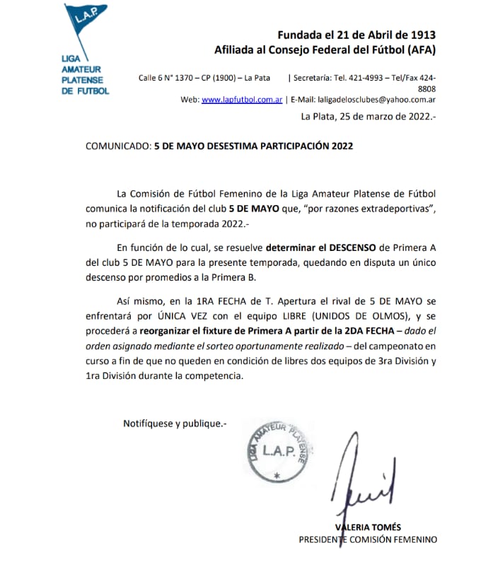 COMUNICADO: 5 DE MAYO