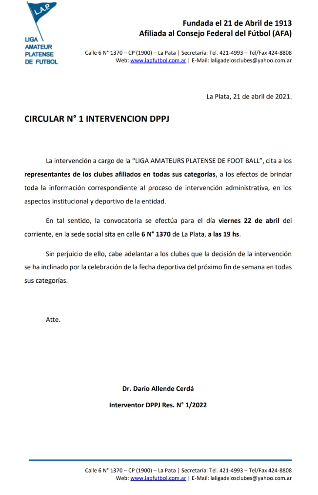 CIRCULAR Nro 1 INTERVENCIÓN DPPJ
