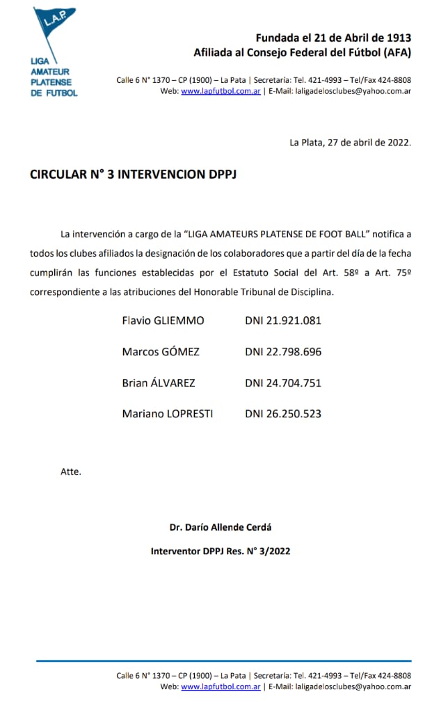 CIRCULAR Nro 3 INTERVENCIÓN DPPJ