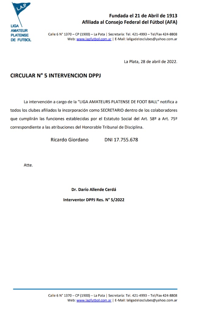 CIRCULAR Nro 5 INTERVENCIÓN DPPJ