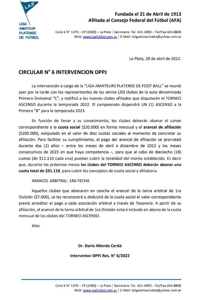 CIRCULAR Nro 6 INTERVENCIÓN DPPJ