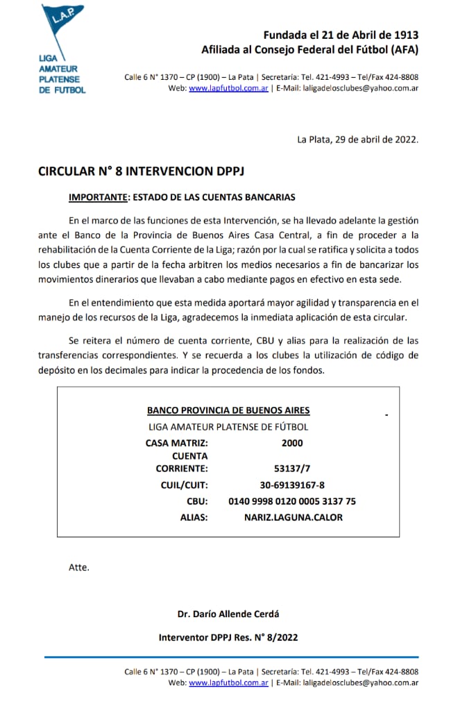 CIRCULAR Nro 8 INTERVENCIÓN DPPJ
