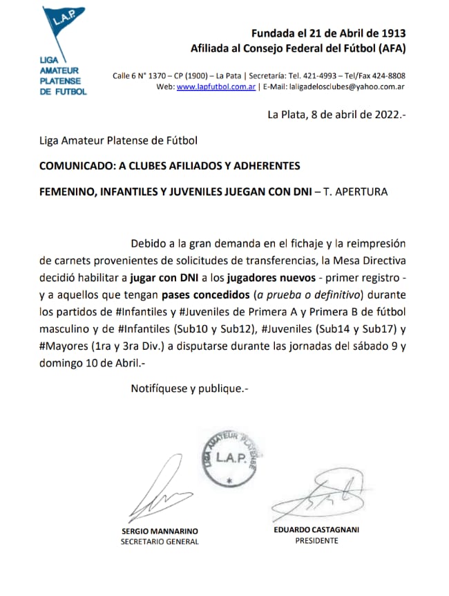 <strong>FEMENINO, INFANTILES Y JUVENILES JUEGAN CON DNI </strong>– T. APERTURA