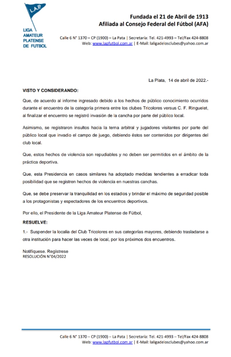 RESOLUCIÓN DE PRESIDENCIA Nro 4 / 2022