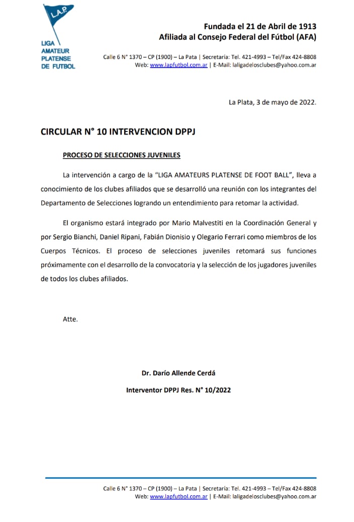 CIRCULAR Nro 10 INTERVENCIÓN DPPJ