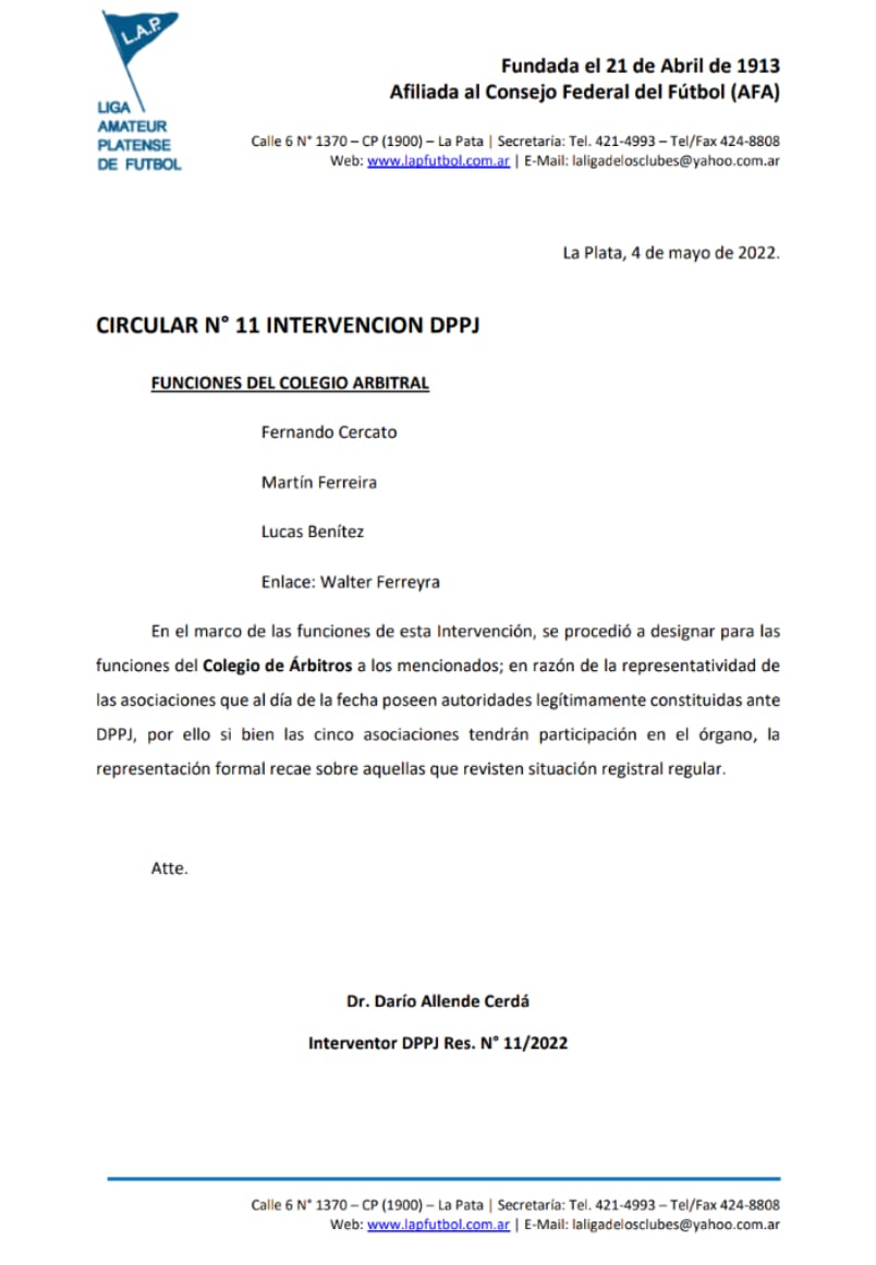 CIRCULAR Nro 11 INTERVENCIÓN DPPJ