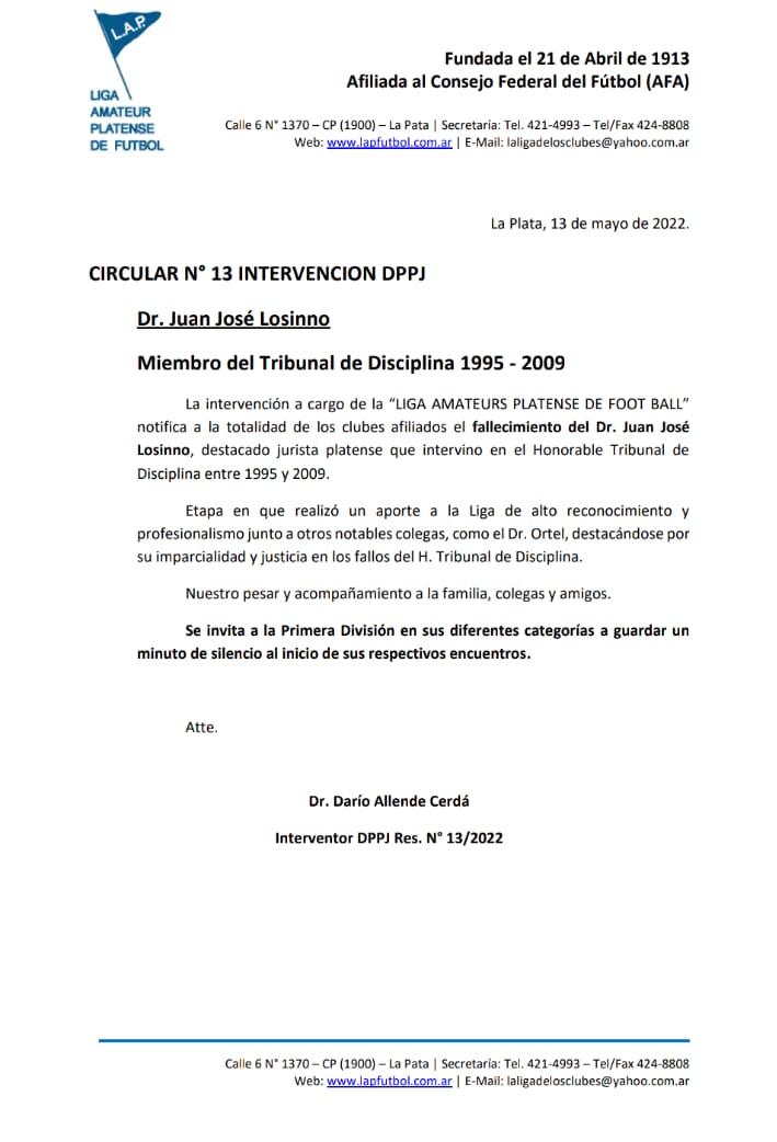 CIRCULAR Nro 13 INTERVENCIÓN DPPJ