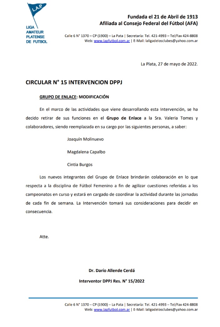 CIRCULAR Nro 15 INTERVENCIÓN DPPJ