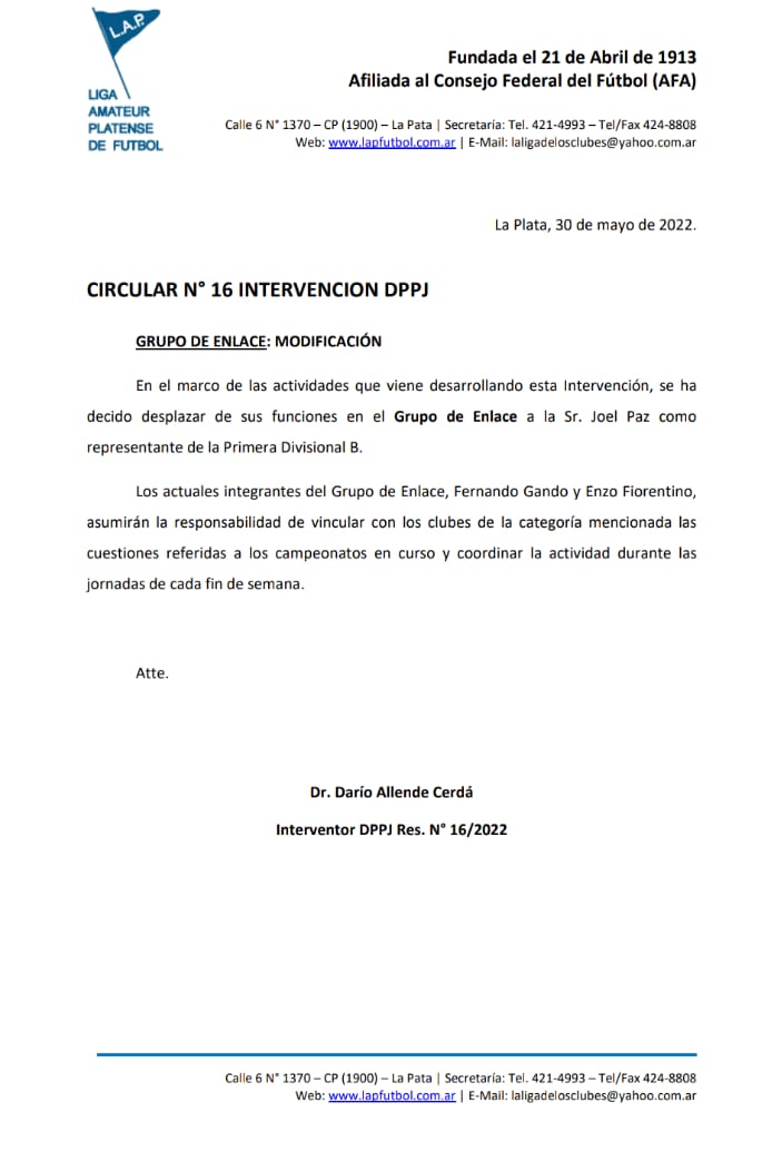 CIRCULAR Nro 16 INTERVENCIÓN DPPJ