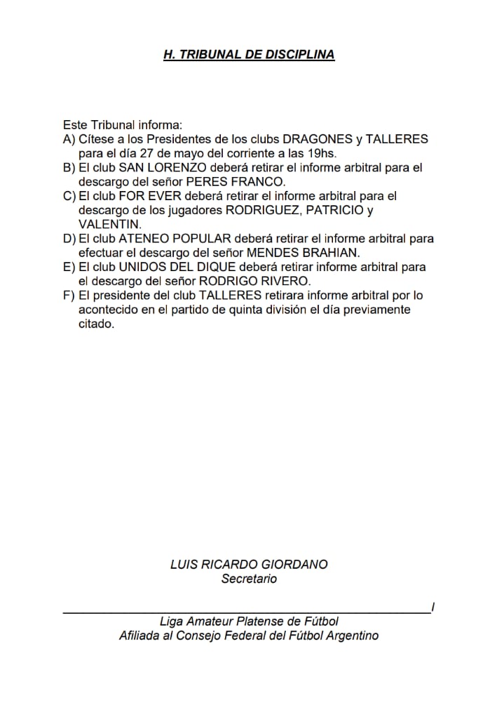 #TribunalDisciplina CITACIÓN TALLERES Y DRAGONES