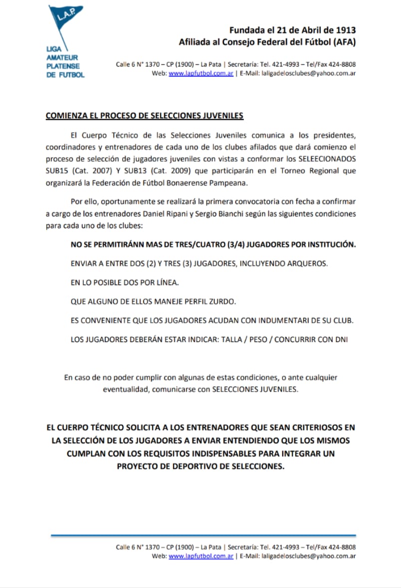 COMIENZA EL PROCESO DE SELECCIONES JUVENILES