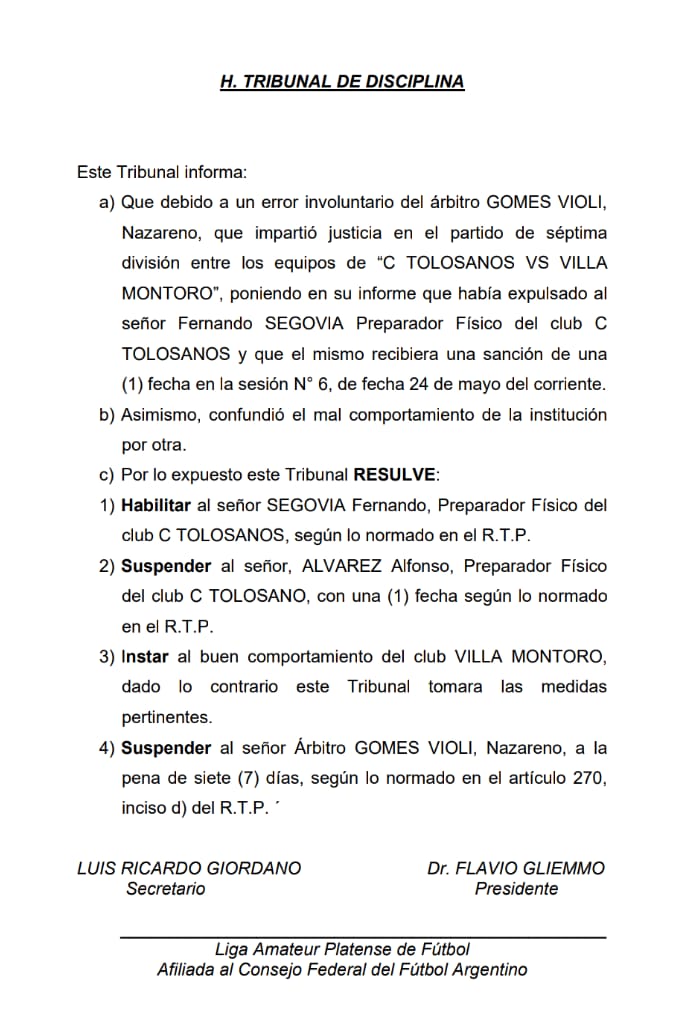 #TribunalDisciplina RESOLUCIÓN TOLOSANO vs V. MONTORO 7MA DIV.