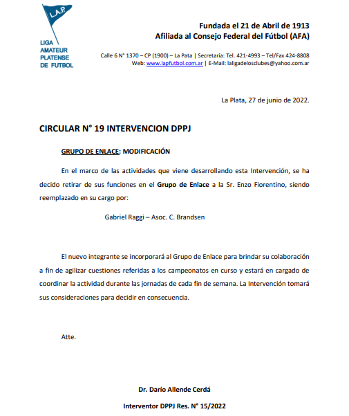 CIRCULAR Nro 19 INTERVENCIÓN DPPJ