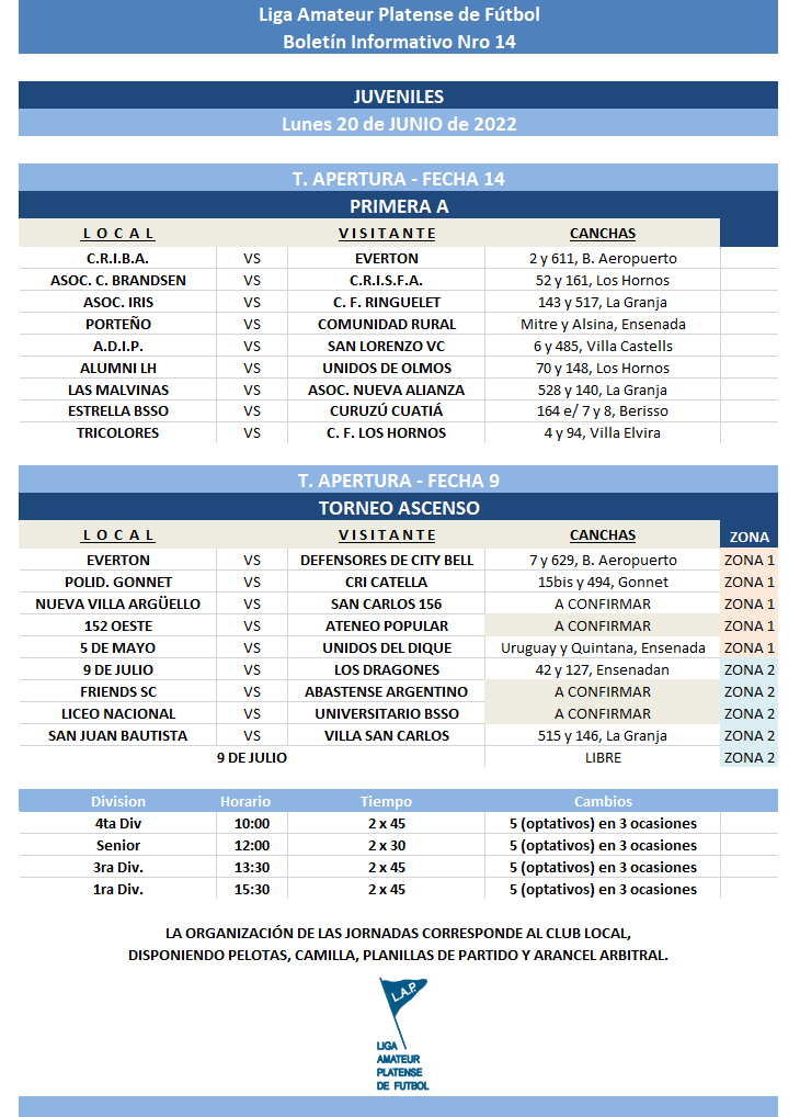 #Programación T. APERTURA  13RA Y 14TA FECHA PRIMERA A, 11RA FECHA PRIMERA B Y 2DA FECHA Y SUSPENDIDOS ASCENSO