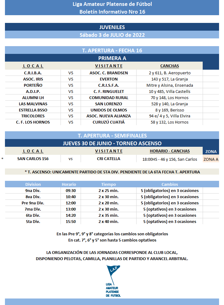 #Programación T. APERTURA  16TA FECHA PRIMERA A Y PENDIENTES JUVENILES