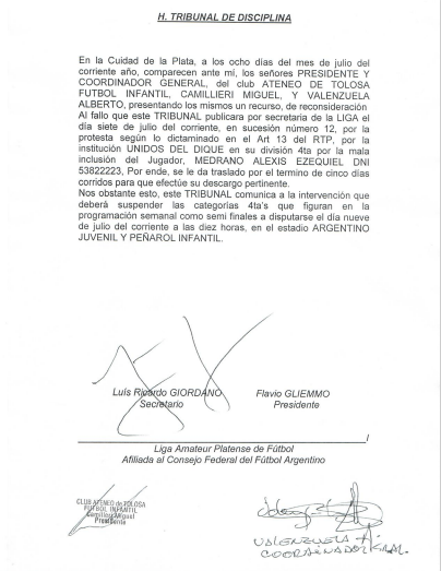 #TribunalDisciplina RESOLUCIÓN 4TA DIV. T. ASCENSO ATENEO POPULAR