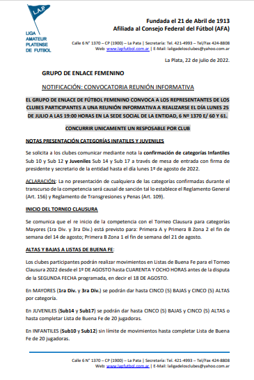 GRUPO DE ENLACE FEMENINO - NOTIFICACIÓN: CONVOCATORIA REUNIÓN INFORMATIVA