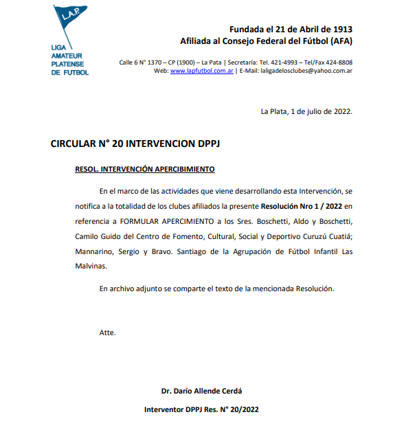 CIRCULAR Nro 20 INTERVENCIÓN DPPJ