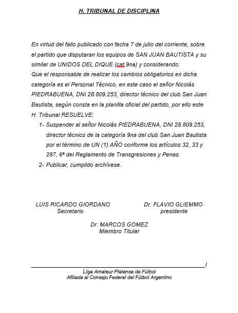 #TribunalDisciplina RESOLUCIÓN DT SAN JUAN BAUTISTA