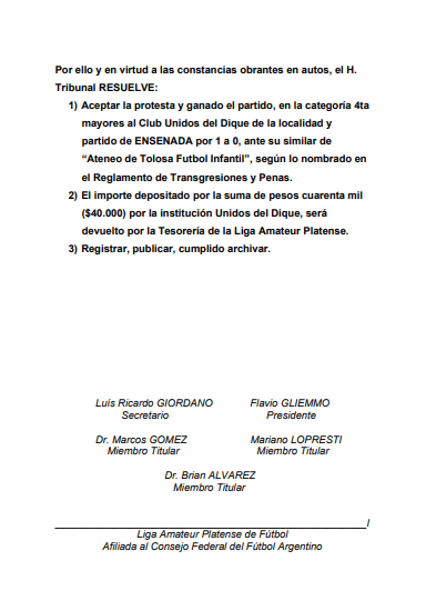 #TribunalDisciplina RESOLUCIÓN PROTESTA UNIDOS DEL DIQUE 4TA DIVISIÓN