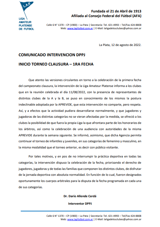#ATENCIÓN COMUNICADO INTERVENCIÓN DPPJ - INICIO TORNEO CLAUSURA - 1RA FECHA