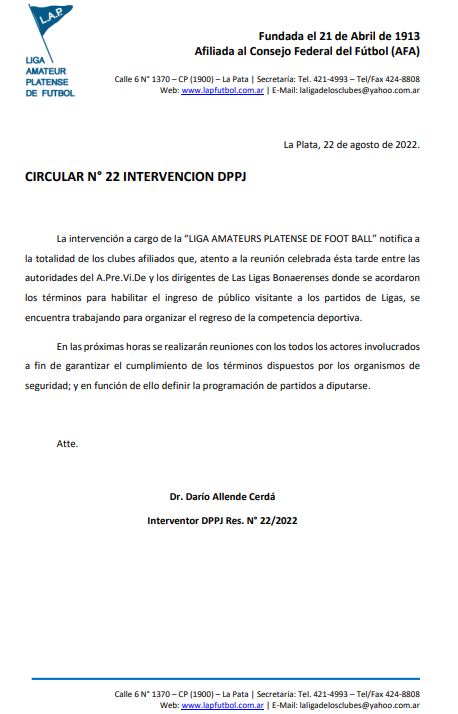 CIRCULAR Nro 22 INTERVENCIÓN DPPJ
