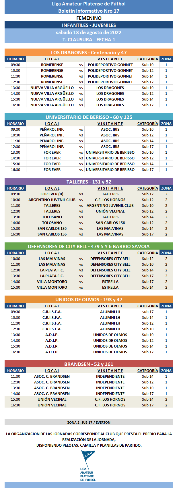 #Programación T. CLAUSURA  1RA FECHA JUVENILES E INFANTILES