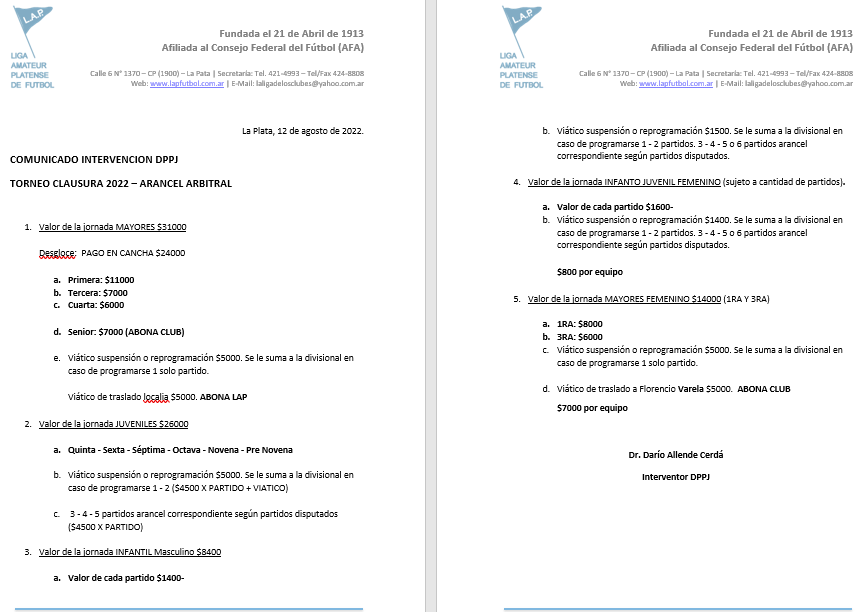 COMUNICADO INTERVENCIÓN DPPJ - TORNEO CLAUSURA - ARANCEL ARBITRAL
