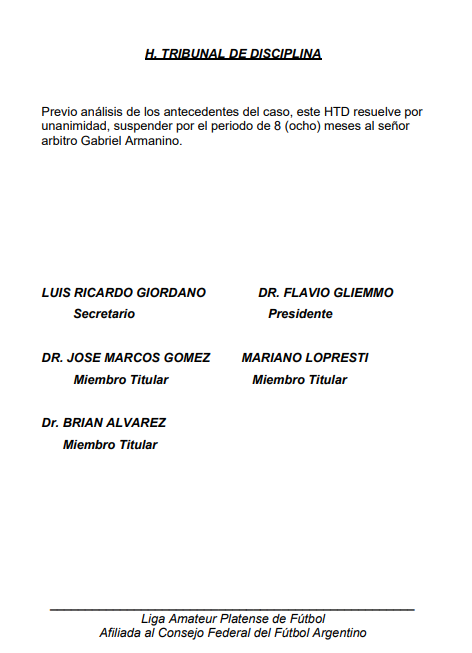#TribunalDisciplina RESOLUCIÓN ARMANINO