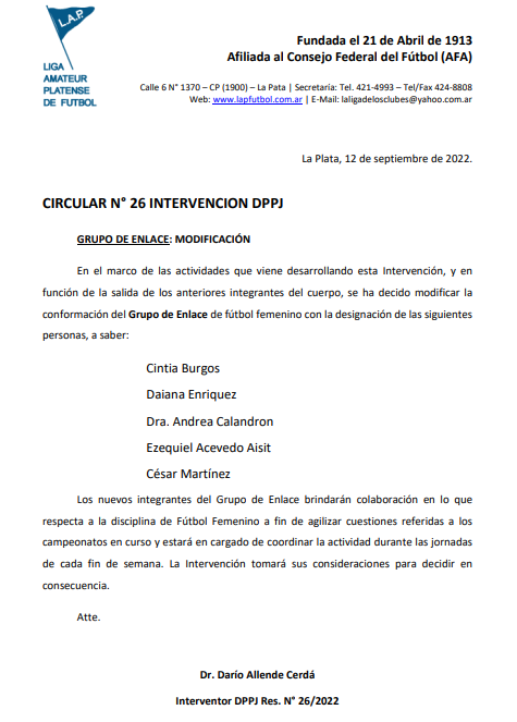 CIRCULAR Nro 26 INTERVENCIÓN DPPJ