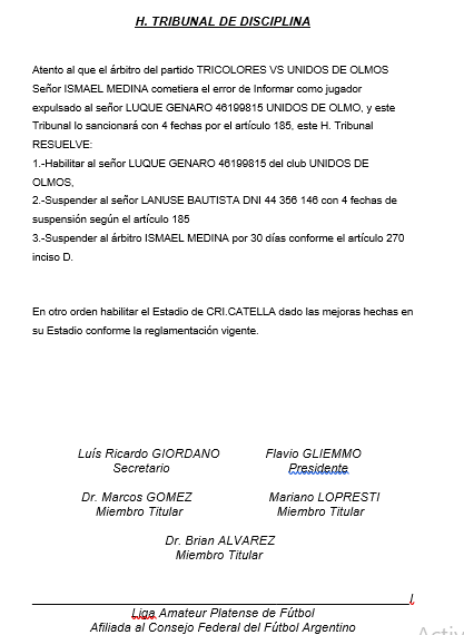 SESIÓN 20 – 2022 H. TRIBUNAL DE DISCIPLINA FALLO ADICIONAL