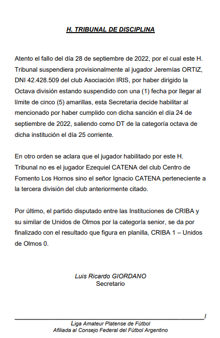 SESIÓN 21 – 2022 H. TRIBUNAL DE DISCIPLINA FALLO ACLARATORIO