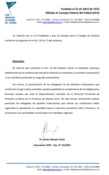 CIRCULAR Nro 29 INTERVENCIÓN DPPJ: CONVOCATORIA ASAMBLEA GENERAL ORDINARIA