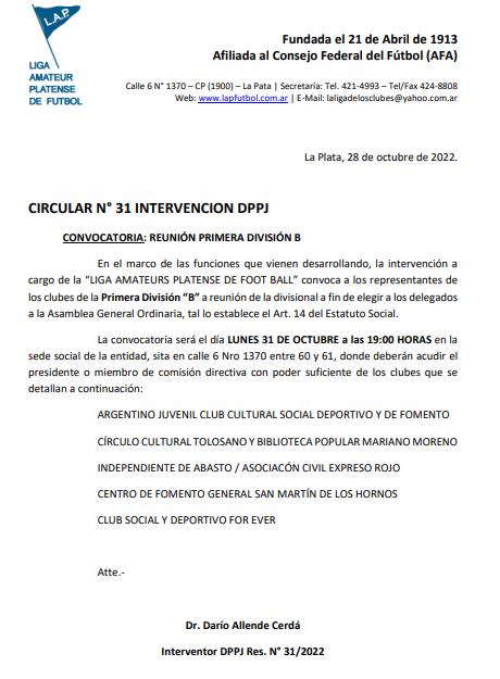 CIRCULAR Nro 31 INTERVENCIÓN DPPJ