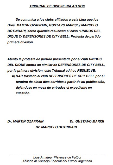 #TribunalDisciplina TRIBUNAL AD HOC – TRASLADO