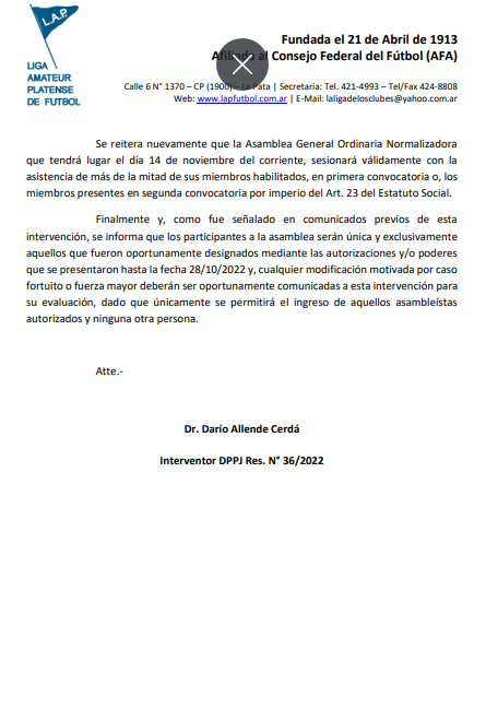 CIRCULAR Nro 36 INTERVENCIÓN DPPJ – OFICIALIZACION DE LISTAS. ASAMBLEA GENERAL ORDINARIA NORMALIZADORA.