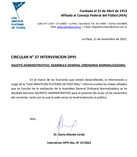 CIRCULAR Nro 37 INTERVENCIÓN DPPJ – ASUETO ADMINISTRATIVO. ASAMBLEA GENERAL ORDINARIA NORMALIZADORA.