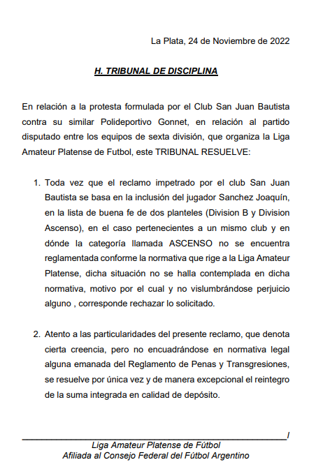 H. TRIBUNAL DE DISCIPLINA – RESOLUCIÓN PROTESTA SAN JUAN BAUTISTA