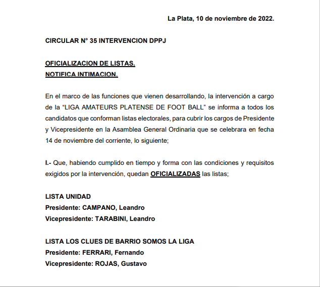 CIRCULAR Nro 35 INTERVENCIÓN DPPJ – OFICIALIZACIÓN DE LISTAS. NOTIFICA INTIMACIÓN