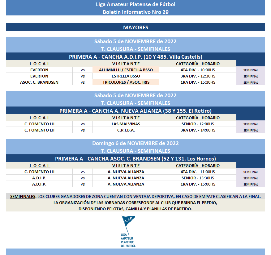 #Programación T. CLAUSURA  9NA FECHA PRIMERA A INFANTILES Y JUVENILES, SEMIFINALES MAYORES; T. ASCENSO PENDIENTES MAYORES Y JUVENILES