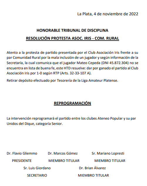 #TribunalDisciplina  H. TRIBUNAL DE DISCIPLINA – RESOLUCION PROTESTA Y REPROGRAMACION