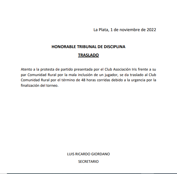 #TribunalDisciplina TRIBUNAL  – TRASLADO