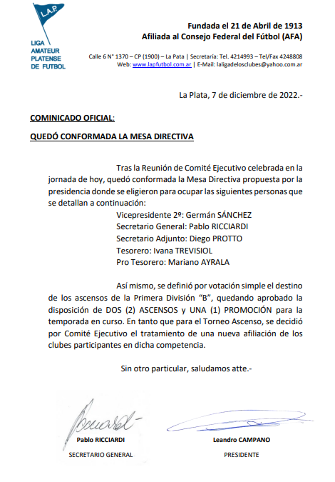 #ATENCIÓN COMUNICADO OFICIAL: QUEDÓ CONFORMADA LA MESA DIRECTIVA