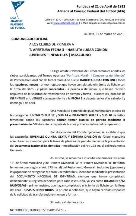 COMUNICADO OFICIAL: HABILITA JUGAR CON DNI SÁBADO 1 Y DOMINGO 2 DE ABRIL
