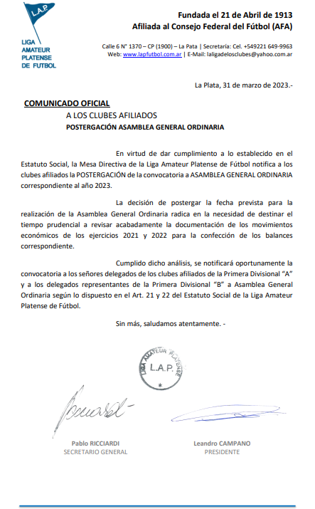 COMUNICADO OFICIAL: POSTERGACIÓN ASAMBLEA GENERAL ORDINARIA