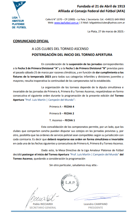 POSTERGACIÓN DEL INICIO DEL TORNEO APERTURA - TORNEO ASCENSO