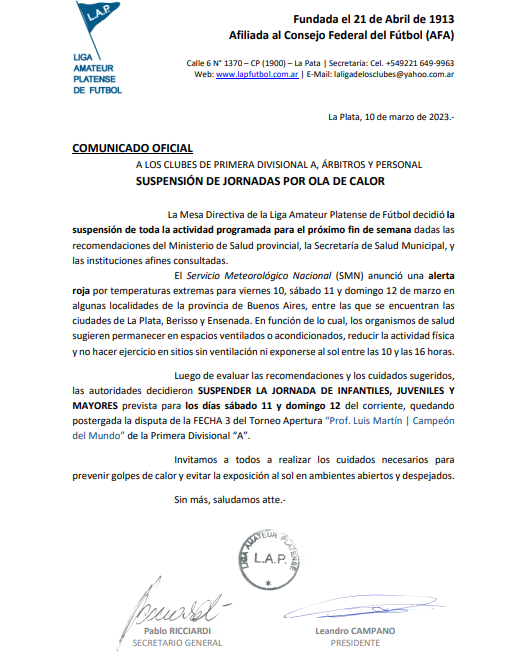 COMUNICADO OFICIAL: SUSPENSIÓN DE JORNADAS POR OLA DE CALOR