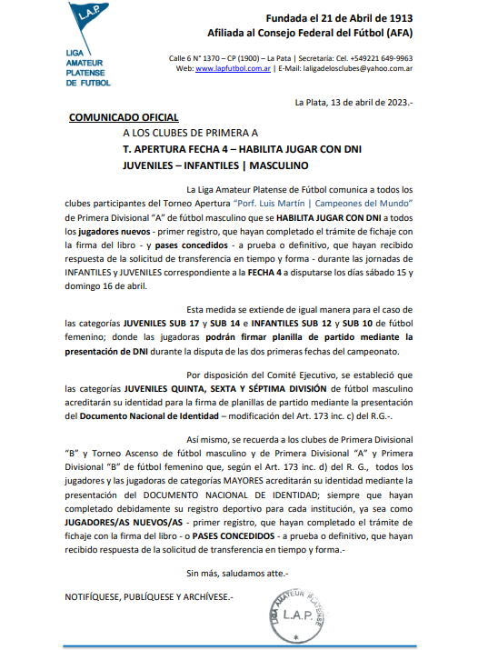 COMUNICADO OFICIAL: HABILITA JUGAR CON DNI SÁBADO 15 Y DOMINGO 16 DE ABRIL